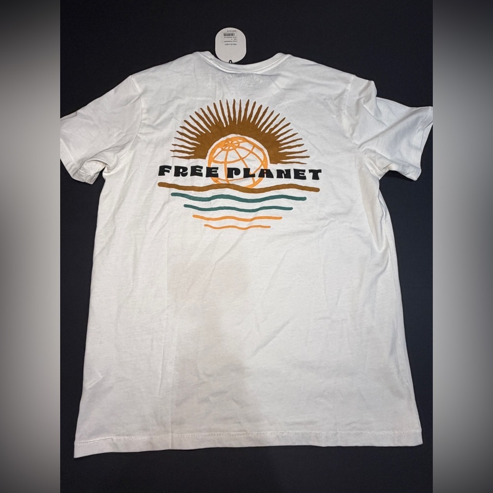 Free Planet White T-Shirt with Brown, Orange, Green Graphic